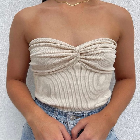 Tops - Nude Knit Bandeau Strapless Twist Top